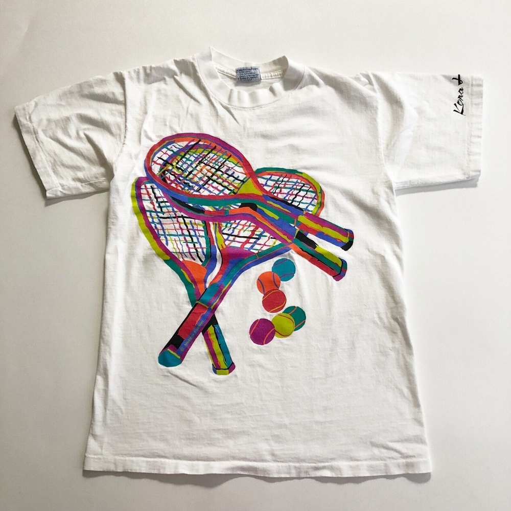 VTG Andrew Carson Art Graphics Print Shirt Tennis Balls & Rackets Single Stitch